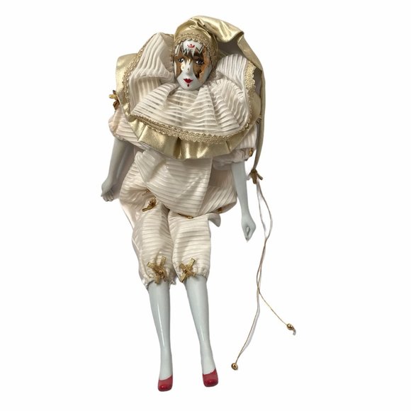 Porcelain Doll Clown Jester Royalty Gold White 16" - Picture 1 of 7
